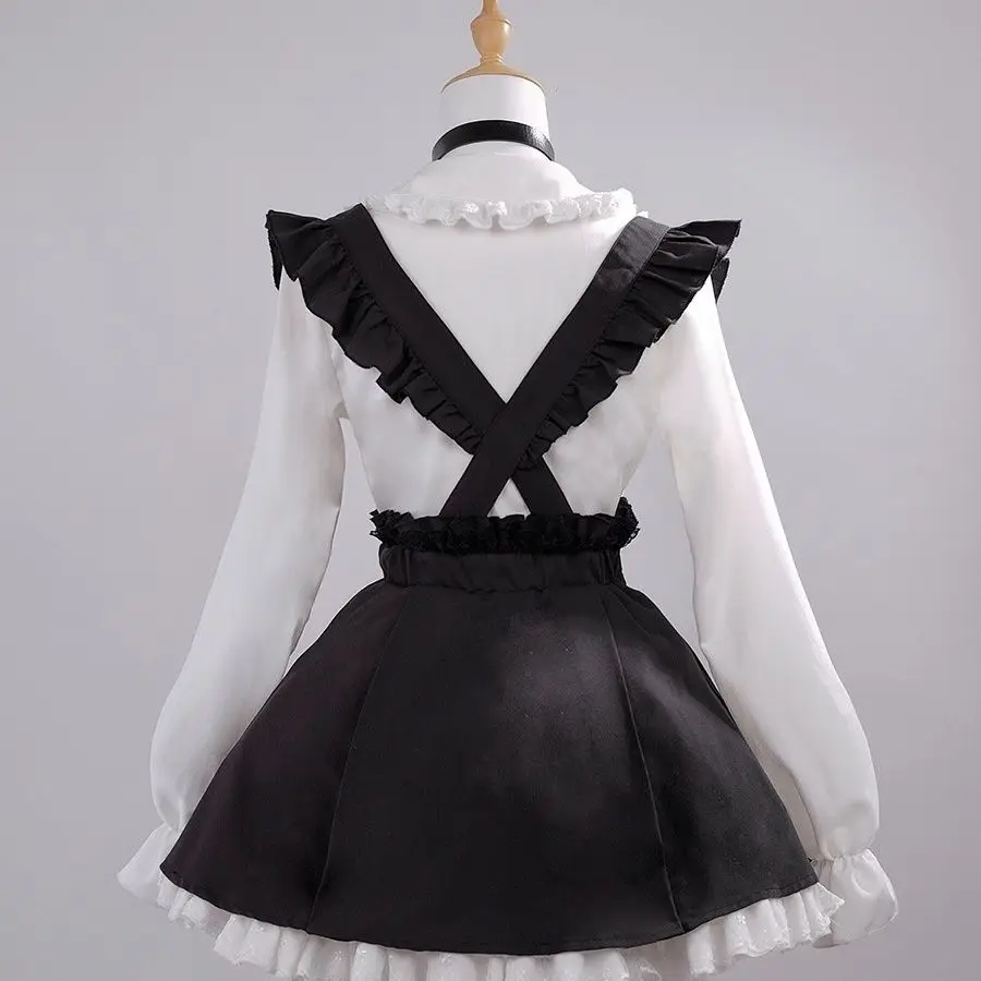 NONSAR Women Subculture Lolita Cosplay Skirt Sets Maid Outfit Cute Anime Girl Black Strap Mini Skirt White Bow Long Sleeve Shirt