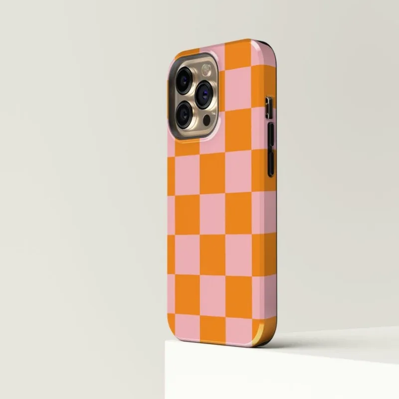 Checkered Pink Orange Case For IPHONE 16ProMax 15 14 13 12 11 PRO Plus Acrylic TPU Two in one Magnetic Phone Cases