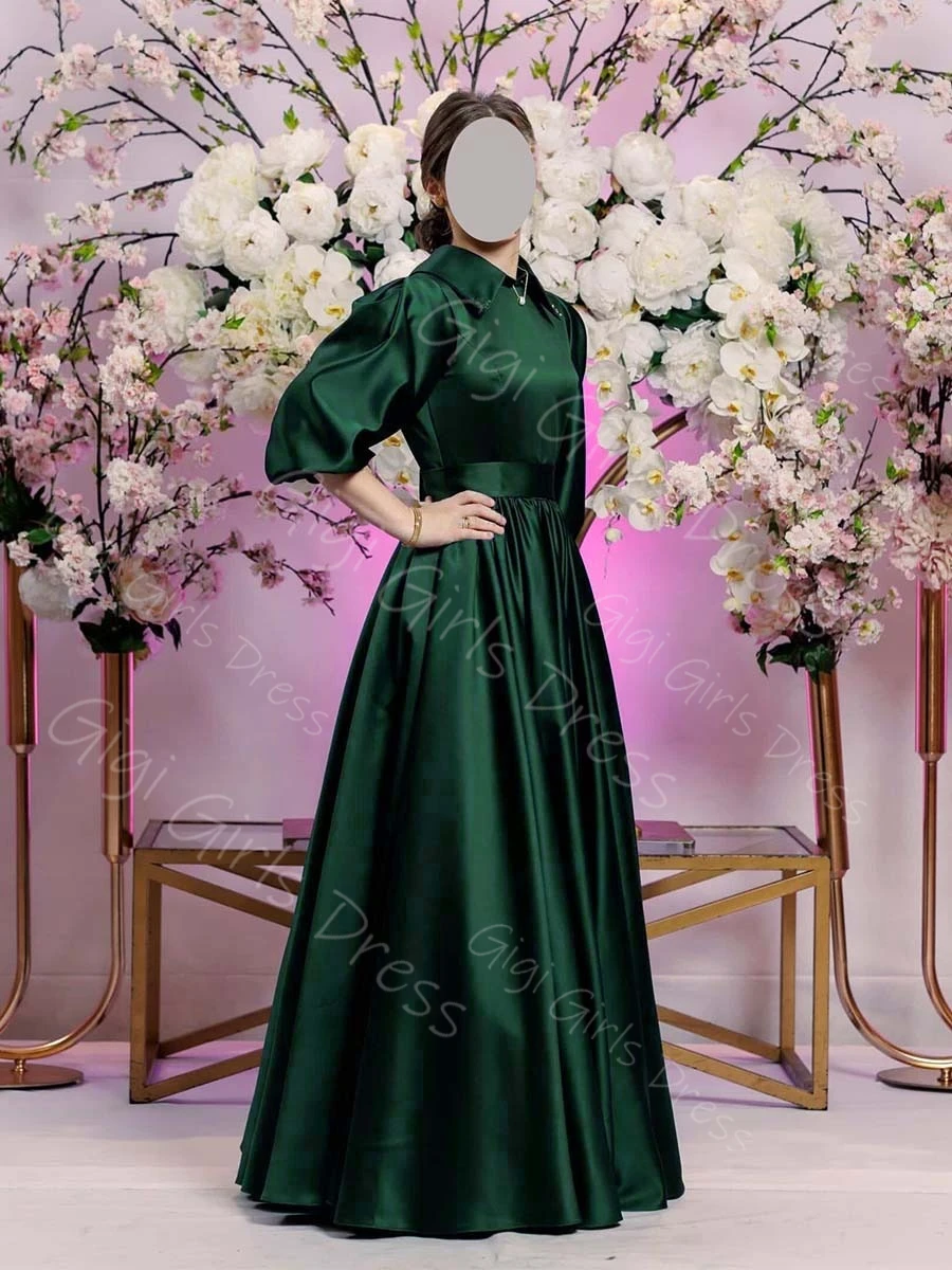 ชุดเดรสทรงเอไลน์สำหรับเพื่อนเจ้าสาว คอปกเสื้อ แขนทรงบอลลูน ชุดงานแต่งงาน ชุดราตรี ชุดออกงานยาว ชุดแม็กซี่  รับตัดตามสั่ง