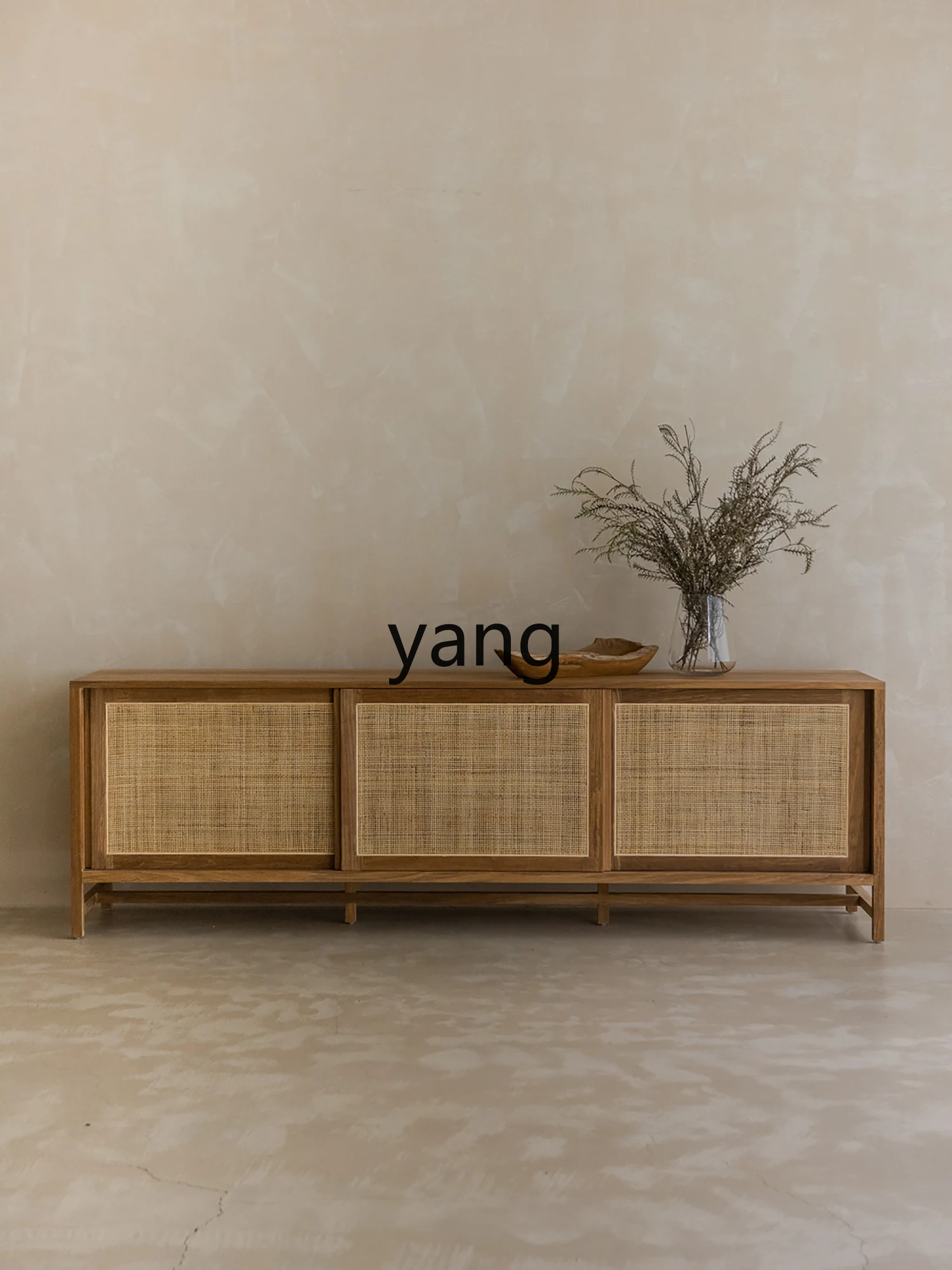 LH modern wabi-sabi wind log TV cabinet home living room black walnut rattan long cabinet