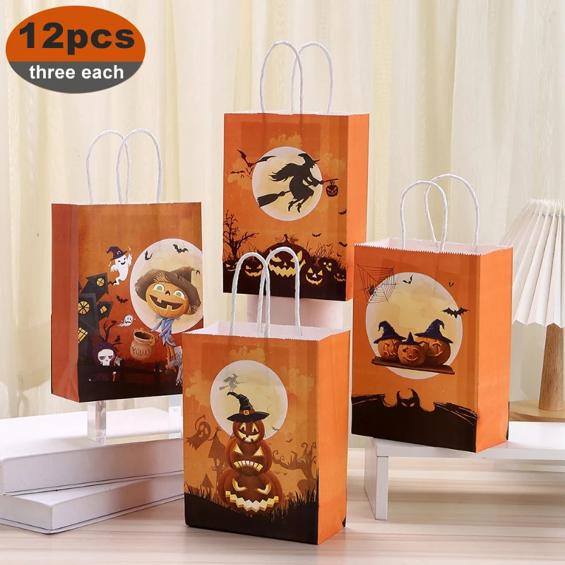 

12 шт., упаковочная сумка из крафт-бумаги с узором тыквы, подарочная сумка серии Хэллоуина, вечерние сумки для хранения конфет, печенья, портативный бумажный пакет
