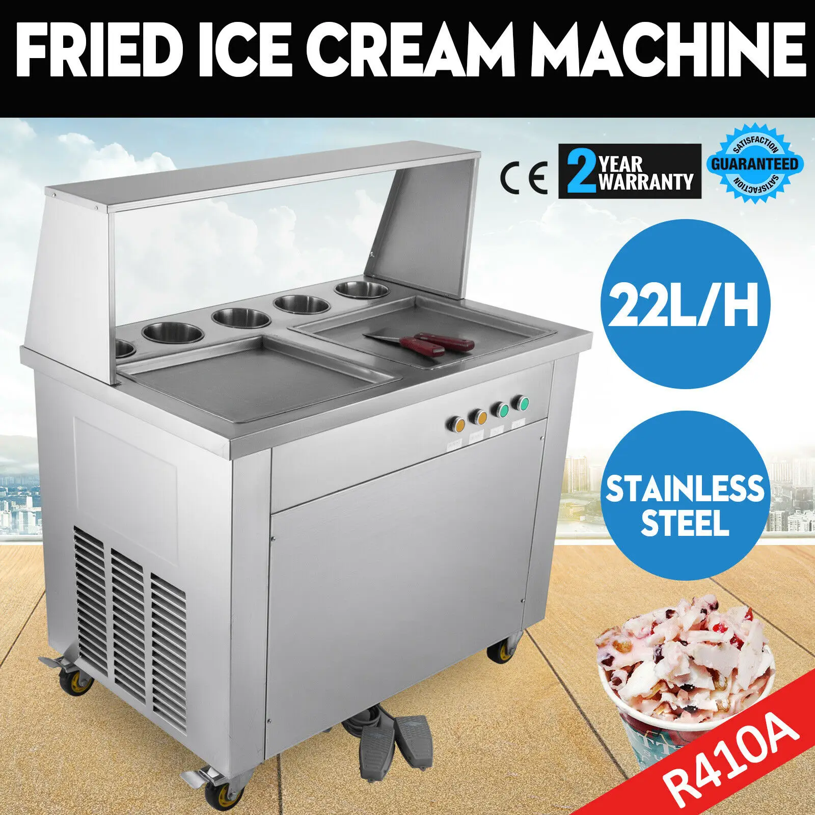 Double Square Pan Fried Ice Cream Machine Rolling Yogurt Maker With 5 Buckets At 1060w