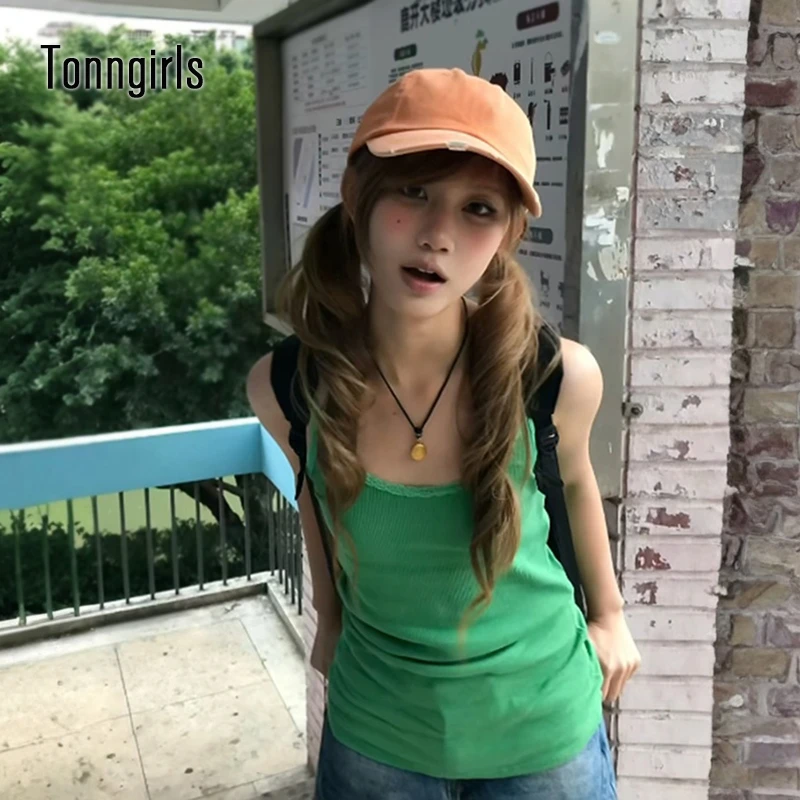 

Женские топы-майки Tonngirls в американском ретро-стиле, кружевные, зеленые, без рукавов, винтажные, эстетика Y2K, японский уличный стиль 2000-х годов