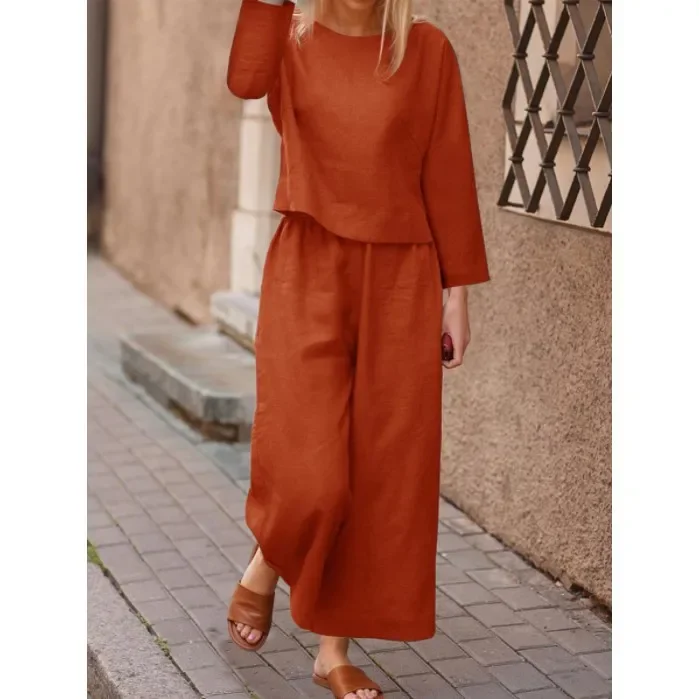 Autumn Casual Large Size Set Loose Solid Color Long-sleeved Shirt and Trousers Two-piece Set for Women