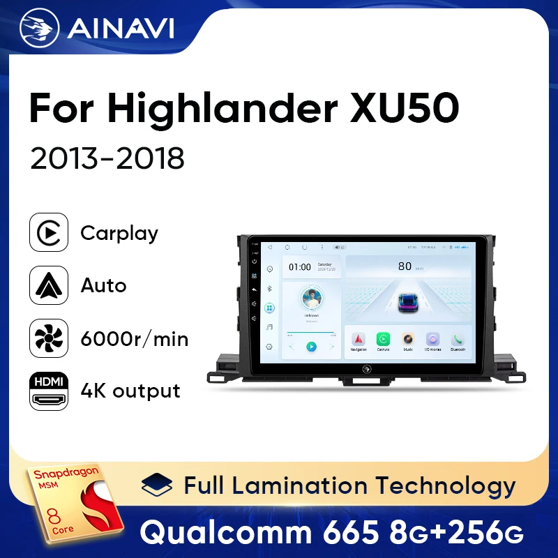 

Ainavi Car Radio For Toyota Highlander 2014-2019 XU50 Wireless Carplay Android Auto Car Multimedia Qualcomm 665 HDMI out 2 DIN