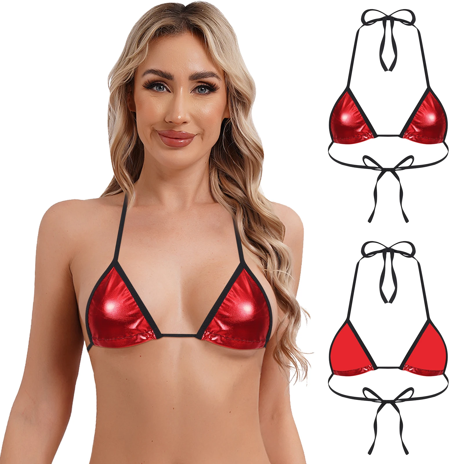 Womens Bikini TopTriangle Cup Metallic Shiny No-pad No-wire Halter Lace-up Bralette Swimwear Top for Beach Pool Sunbathing