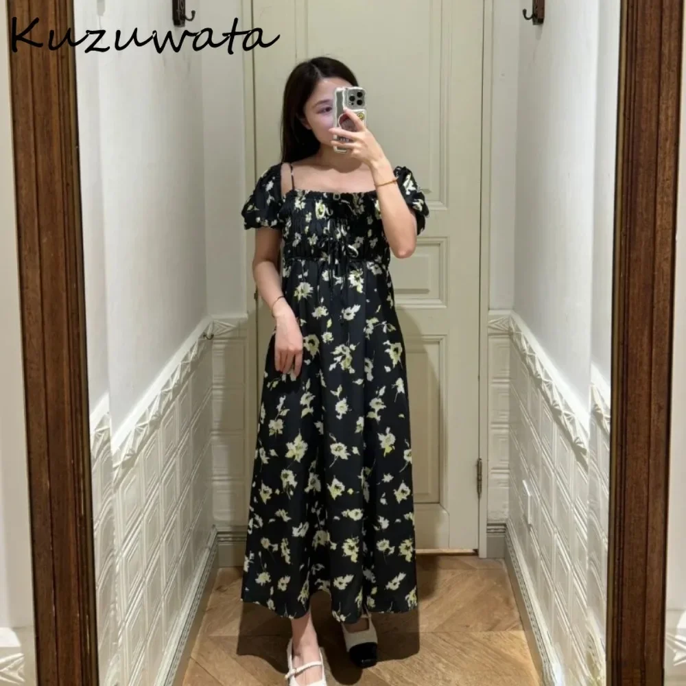 Kuzuwata Zoete Slash Hals Bladerdeeg Mouw Print Gewaad Patchwork Lace Up Sling Trekkoord Vestidos Japan Nieuwe Twee Dragen Elegante Jurken