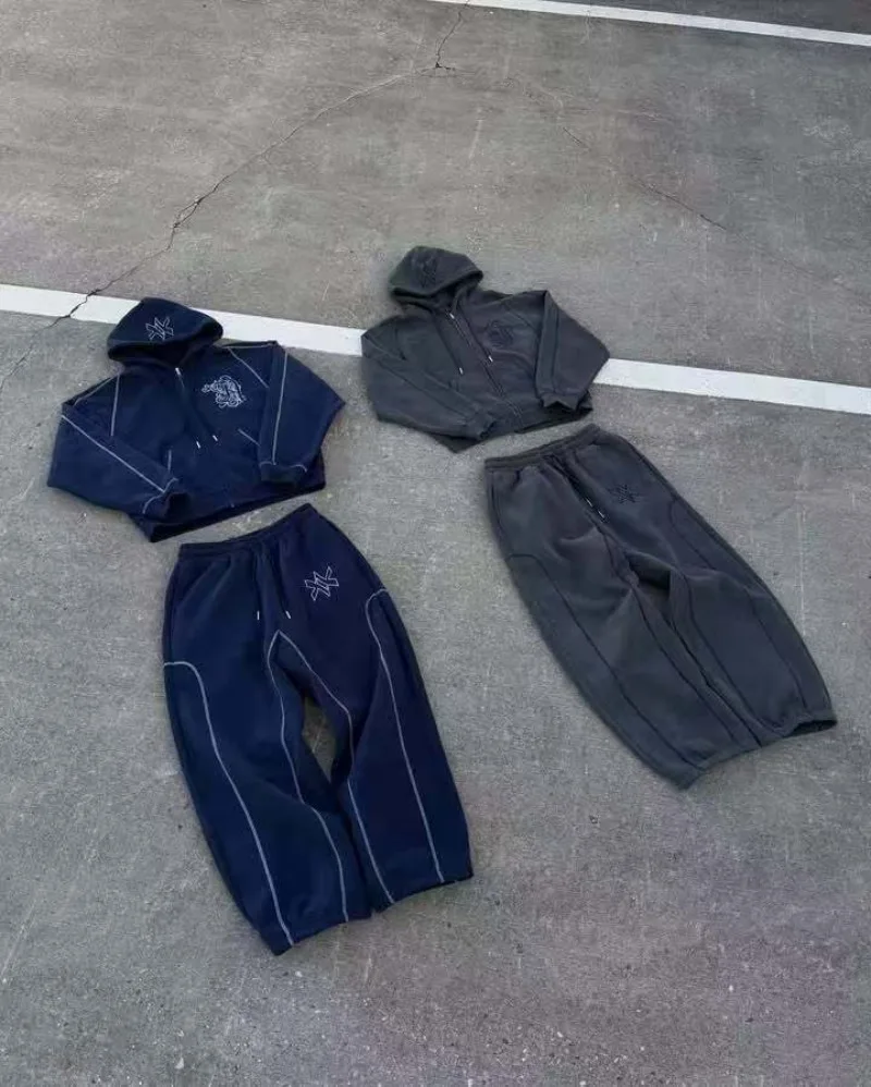 الخريف والشتاء مخطط العلامة التجارية نمط تصميم الرجال هوديي Y2K جديد فاسق الهيب هوب أعلى ملابس رياضية غير رسمية مجموعة زوجين ملابس فضفاضة #4