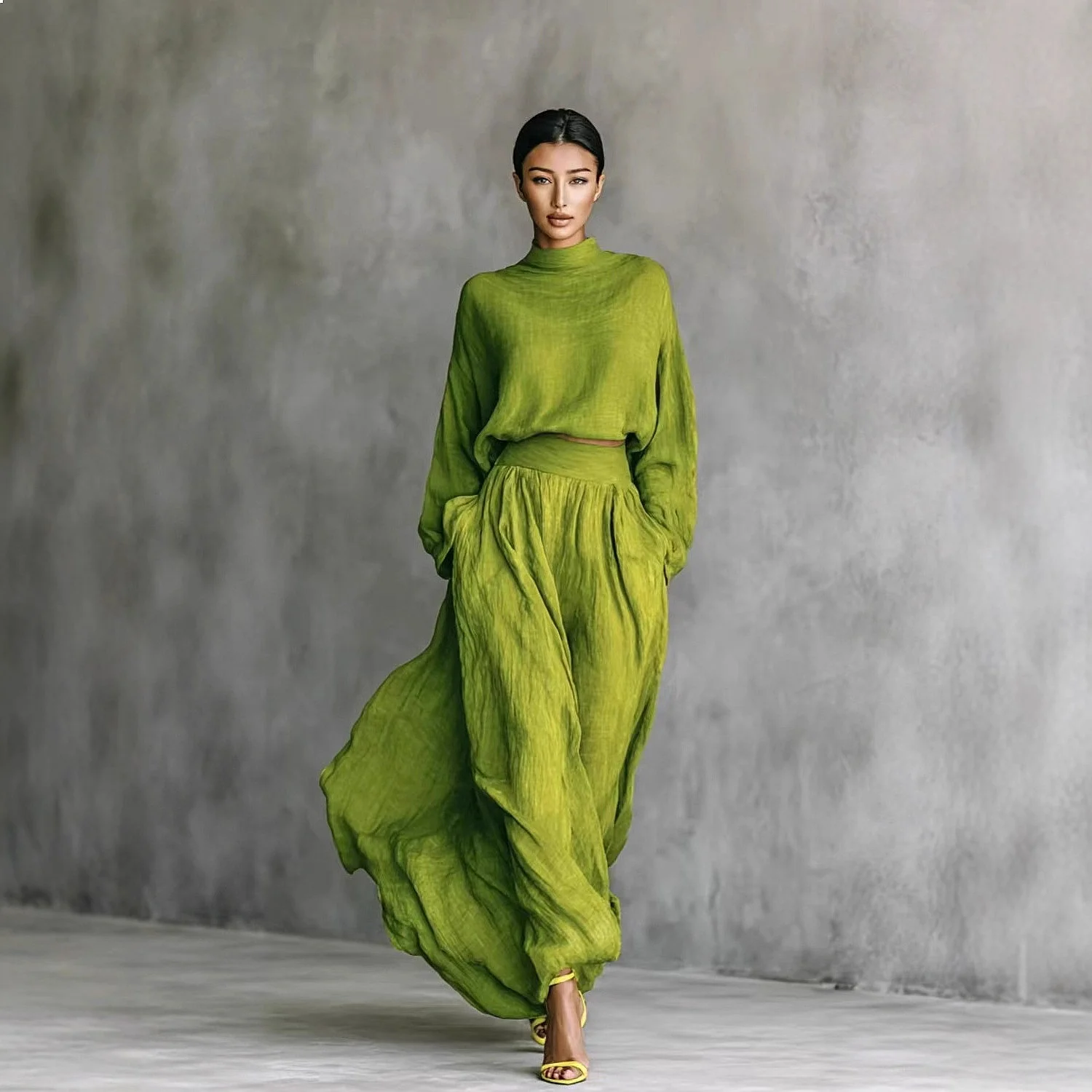 

Elegant Long Sleeve Dress Set Spring Summer Fashion Solid Color Flowing Dress Jumpsuit Playsuit Matching Set