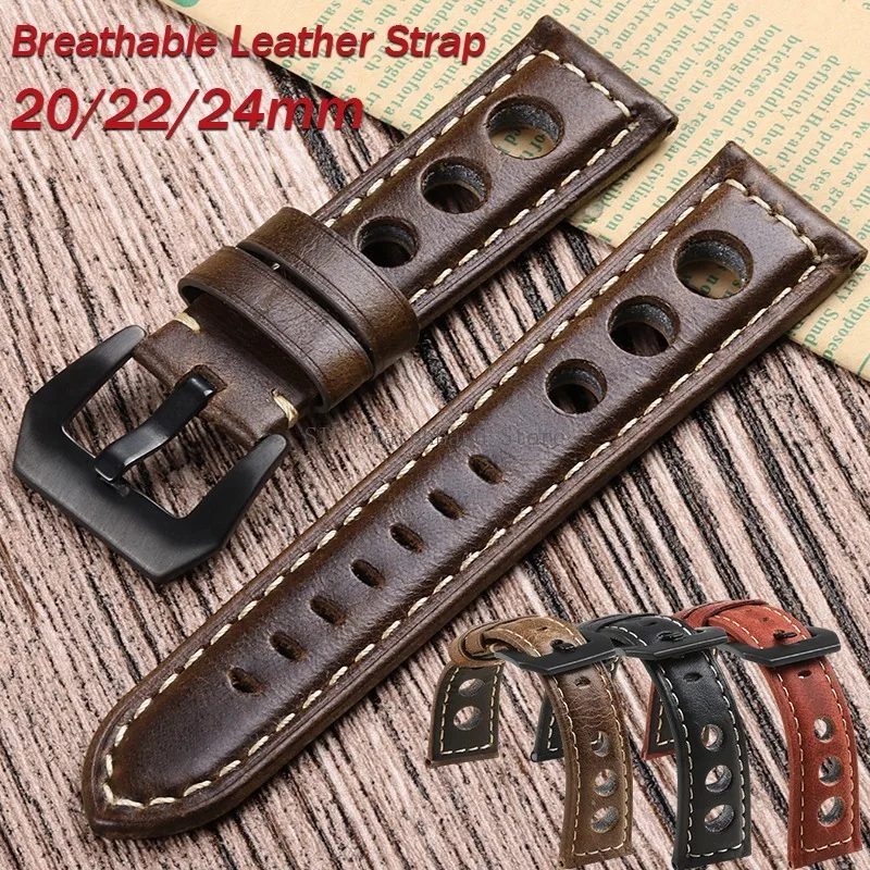 20/22/24mm Cowhide Leather Watch Band Vintage Breathable Leather Straps Universal Waterproof Bracelets Retro Men Women Wristbelt