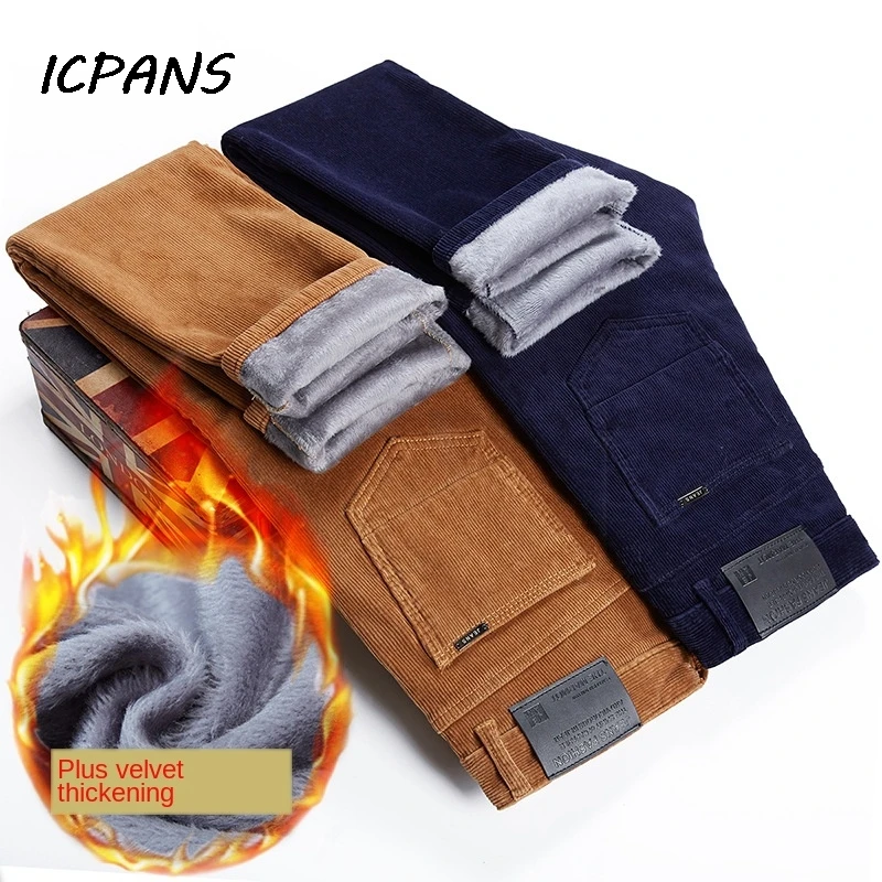 ICPANS Fleece Velvet Corduroy Trousers Thicken Warm Winter Pants Men Straight Slim Casual Pant 2020 Winter