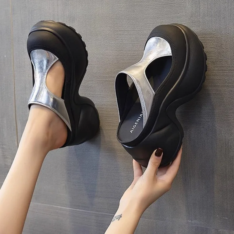 Y2K Fashion Women Chunky Wedge Heel Mules Cutout Platform Clogs Backless Slip on Shoes Trendy Thick Sole Weekend Outings