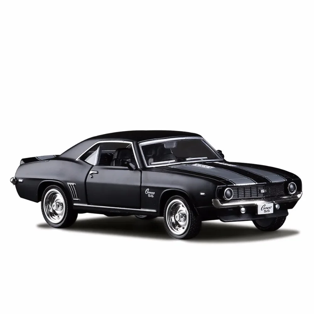 1:36 Chevrolet USA 1969 Camaro SS Vintage Matte Black Diecast Metal Car Model Toy For Collection Gift Kids A318