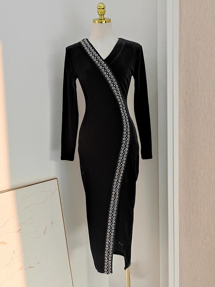 

Сексуальное черное бархатное лоскутное платье макси с v-образным вырезом и бисером, женское элегантное тонкое платье с длинным рукавом, клубное вечернее коктейльное платье