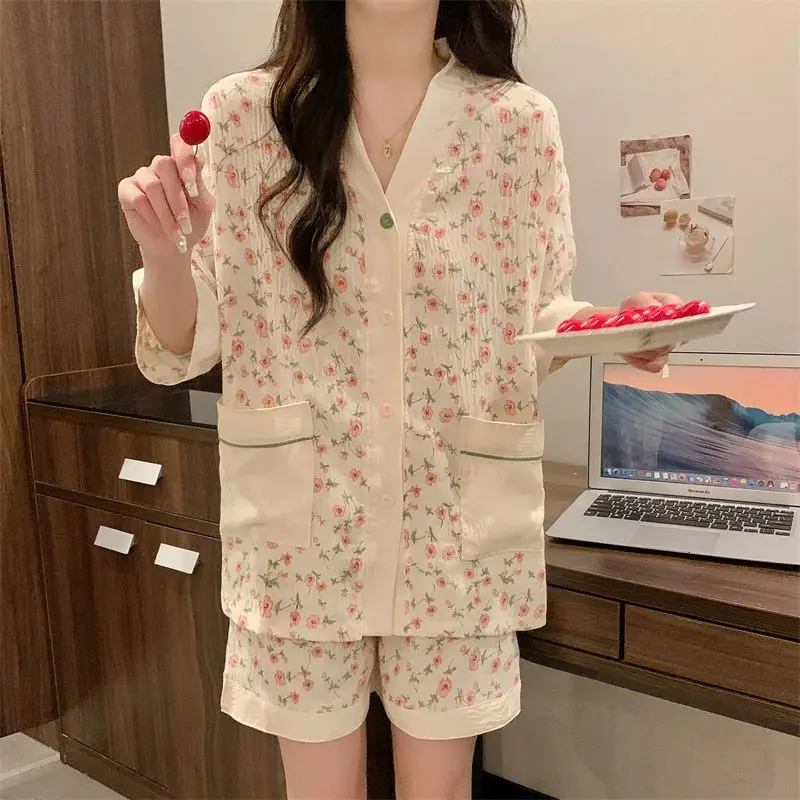Summer Pajamas Women's Cardigan Korean Style V-neck Small Fragrant Wind New Short-sleeved Shorts Sleepwear Loose Loungewear Set