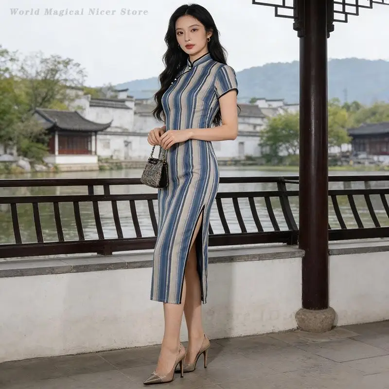 New Summer Striped Long Short Sleeve Modified Qipao Retro Republic Chinese Slim Elegant Daily Oriental Dress for Young Women