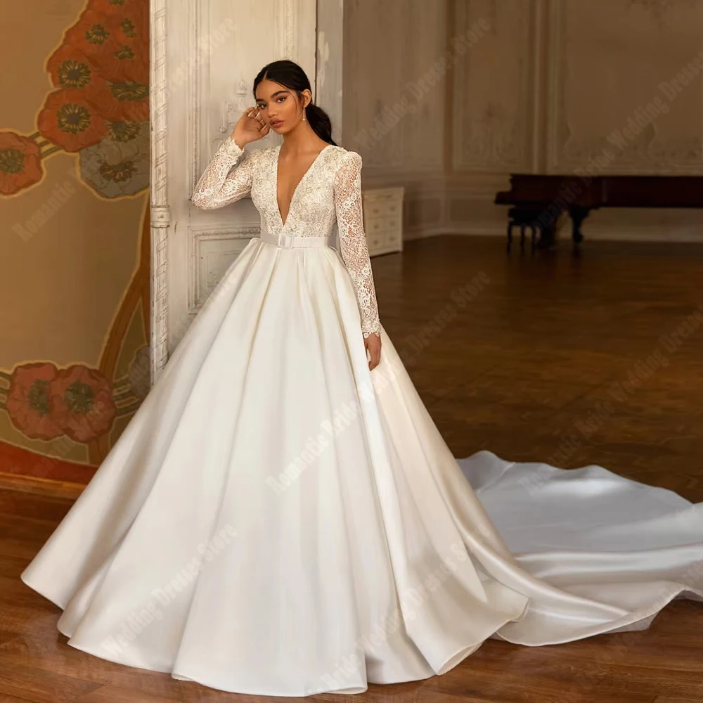 

Fascinating Satin Women Wedding Dresses Sexy V-Neck A-Line Bride Gowns Princess Engagement Banquet Vestidos De Novias Customized
