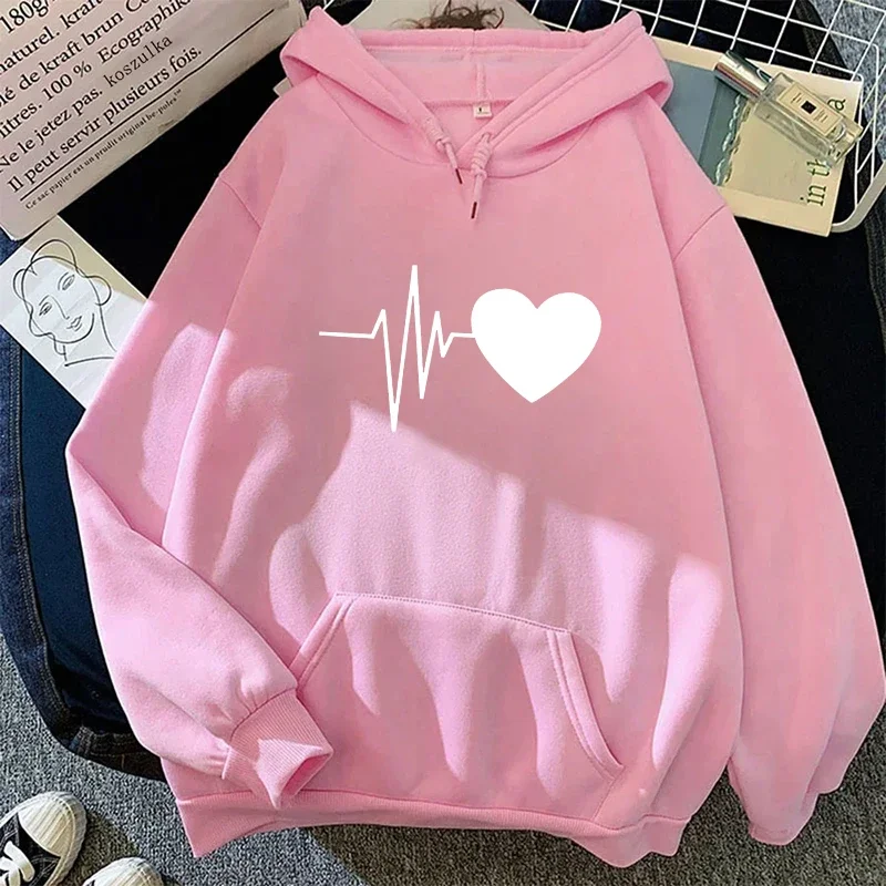 امرأة مقنعين البلوز عارضة الأزياء القلب طباعة هوديس السيدات المنزل في الهواء الطلق الراحة البلوز اليومية الرياضة فضفاض هودي أعلى #5