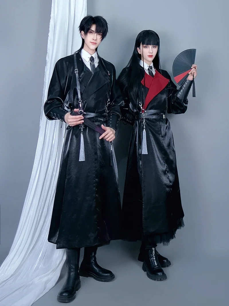 Chinese Traditional Costume Hanfu Tang System Round Neck Robe Chinese Style Couple Style Red and Black Windbreaker Coat Gifts