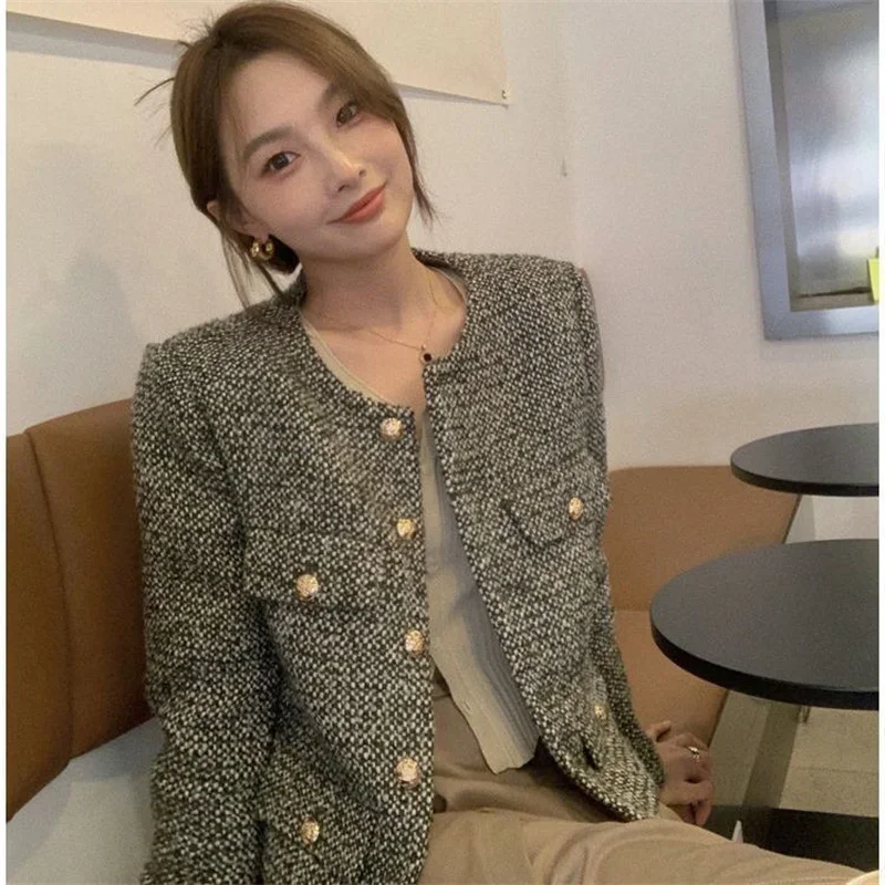 Coarse Tweed Small Fragrant Jacket for Women\'s Single Breasted Short Top Suit Jacket Female Wool Coat Lady Pocket Outwear A618