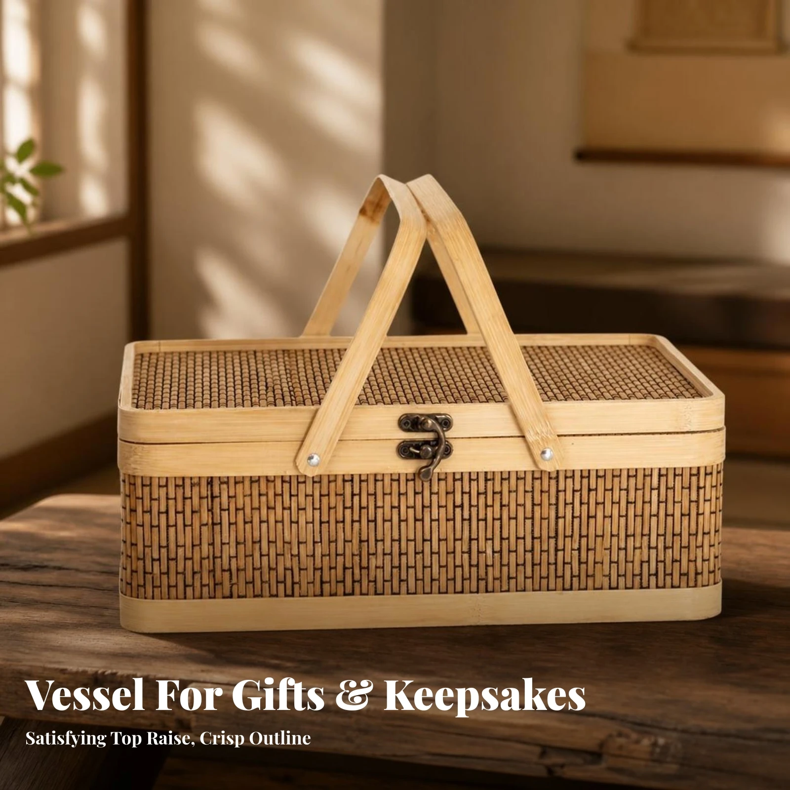 Bamboo Gift Box with Handle Traditional Woven Bamboo Basket with Clasp Storage Box with Lid Natural for Festivals