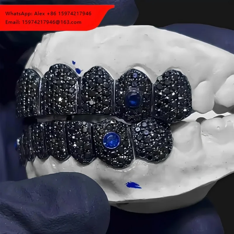 Mishang Custom Unisex Hip Hop Jewelry 925 Silver 18K Gold Plated Full Iced Blue Sapphire Moissanite Diamond Grillz