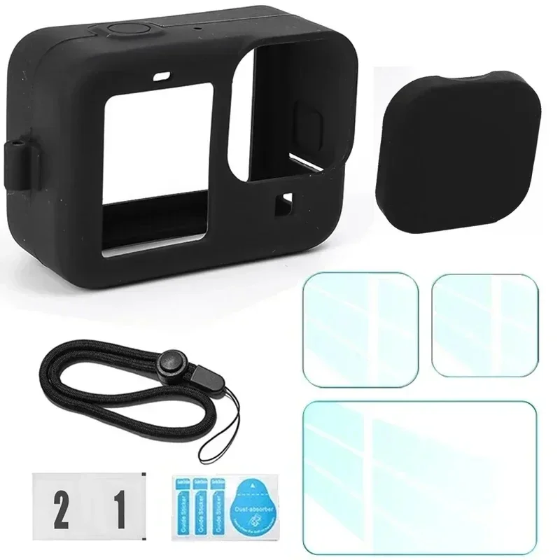 For GoPro Hero 12 11 10 9 Silicone Case Protective Sleeve Lanyard HD Tempered Glass Screen Protector Lens Cap for GoPro12 Black view 6