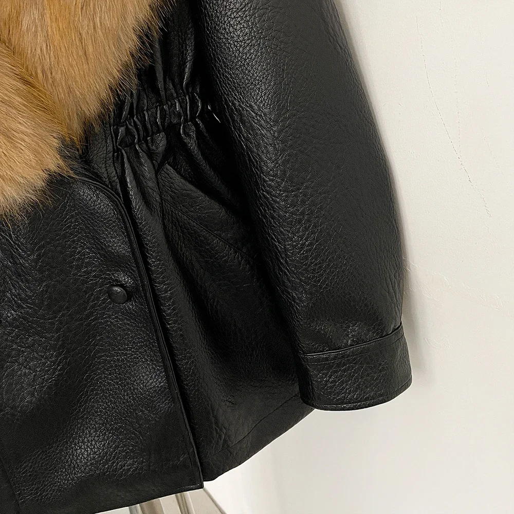 OFTBUY Kurze Freizeitjacke mit Kordelzug am Bund, Damenjacke aus Kunstleder mit Kunstfellkragen, neue, luxuriöse, warme, dicke Winterjacke. – Detail 14