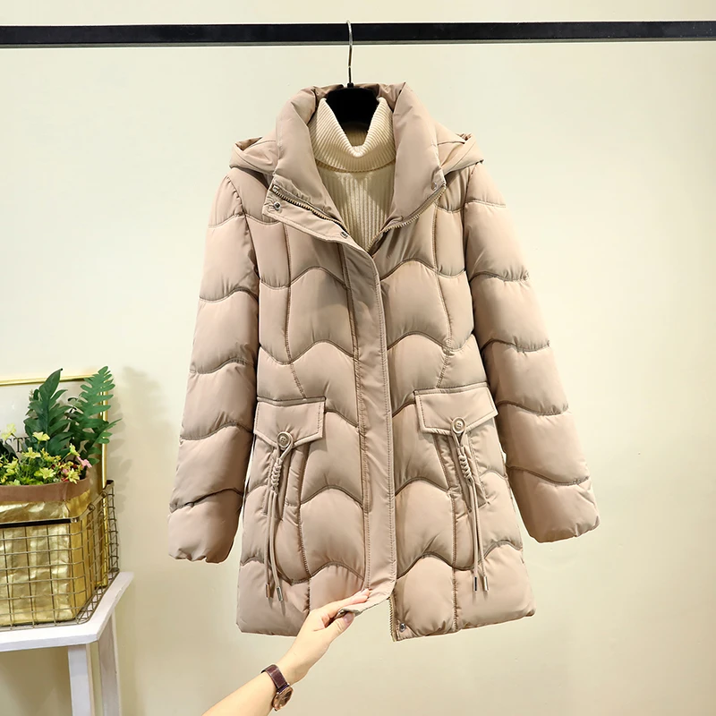 Mittellanger Jaet-Wintermantel aus verdickter Baumwolle für Damen im Jahr 2025, schlankmachender, faionable-Mantel, langer Sve-Reißverschluss mit Kapuze