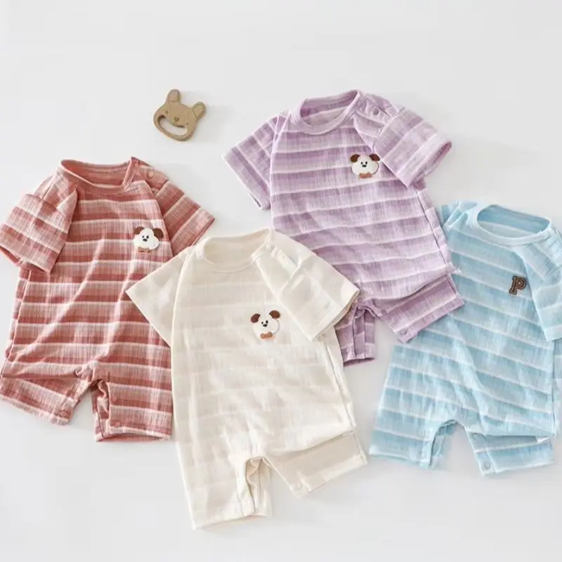 

3-24M Summer Baby Bodysuit Cute Dog Striped Short Sleeve Romper for Girls Boys Soft Infant One Piece Clothing Daily