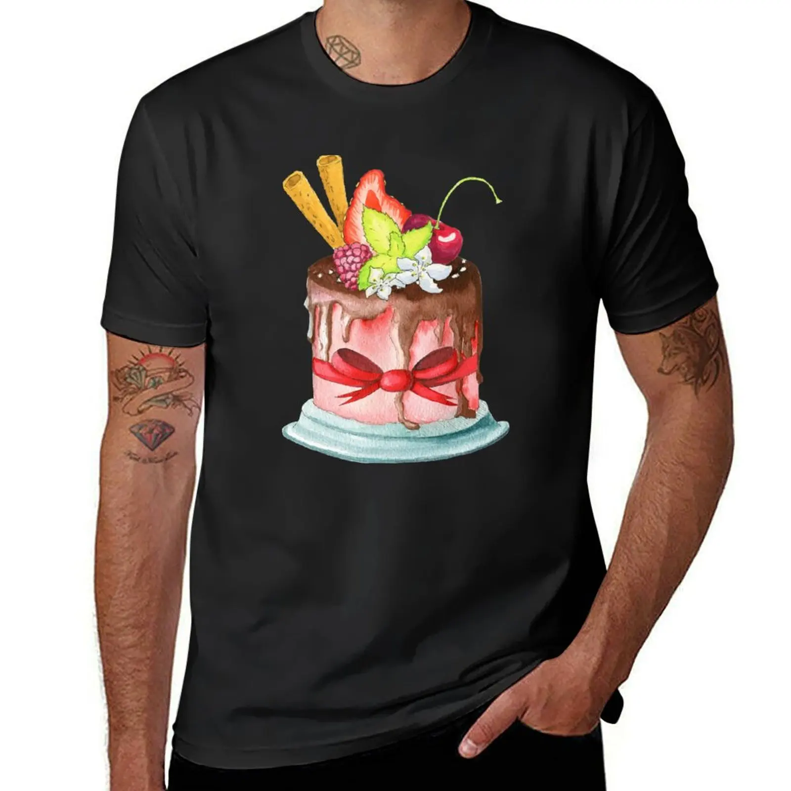 Pink sweet cake with chocolate and berries T-Shirt vintage customs blacks plain T-shirts for men cotton