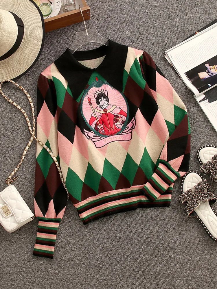 Autumn And Winter Fashion Cartoon Embroidery Knitted Sweater Korean Style Women Lapel Collar Long Sleeve Loose Casual Jumpers