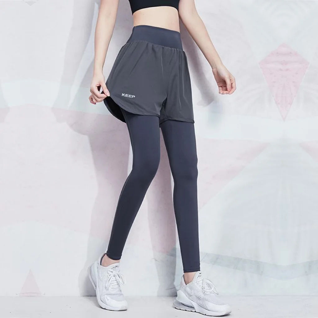 High Elasticity Running Trousers Women's Large Size Fake Two-Piece Marathon Training Pants with Back Pocket Summer Long Pants