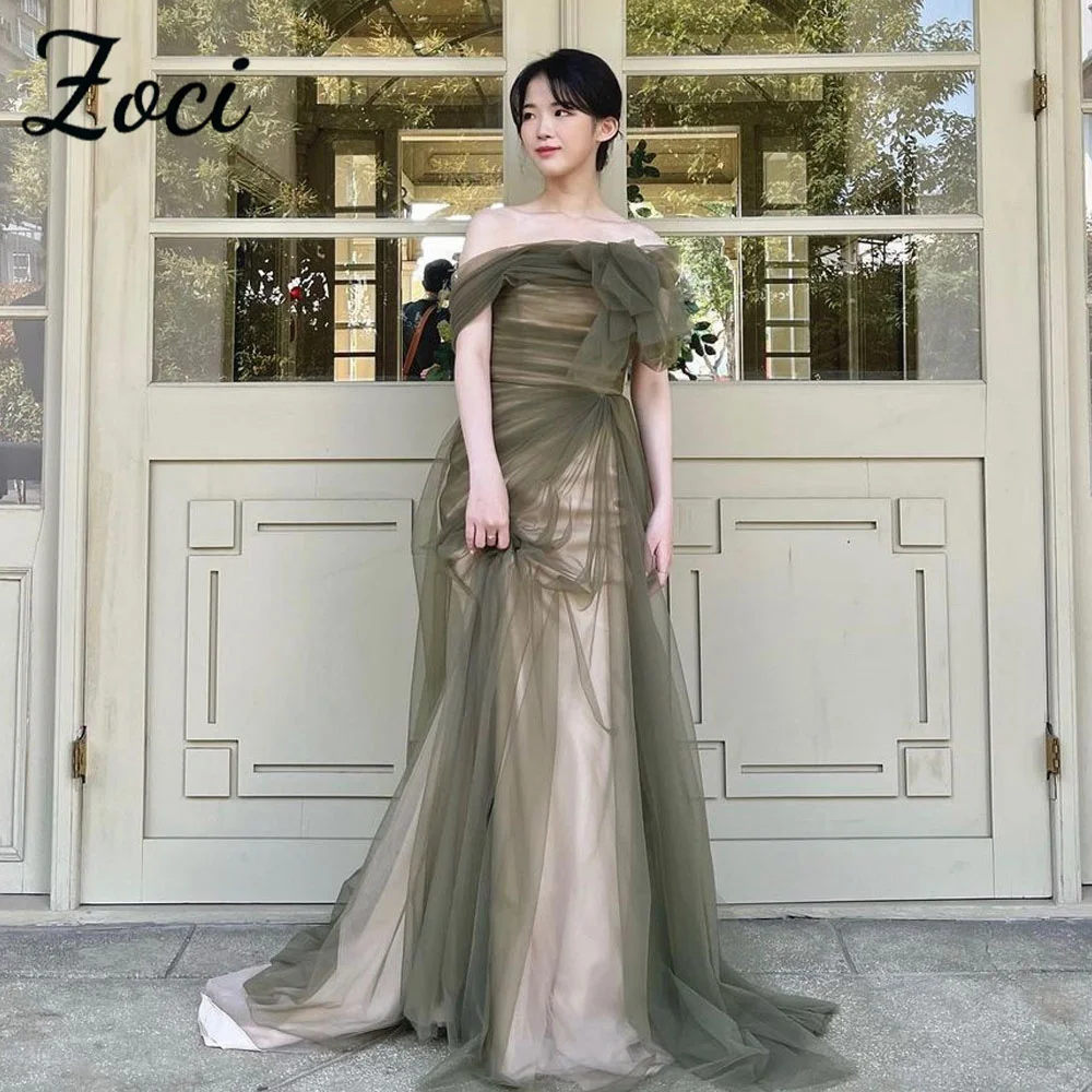 Zoci Elegant Off Shoulder Korea Wedding Dresses Mermaid Green Tulle Evening Party Dresses Photos Shoot Customized Bridal Gown