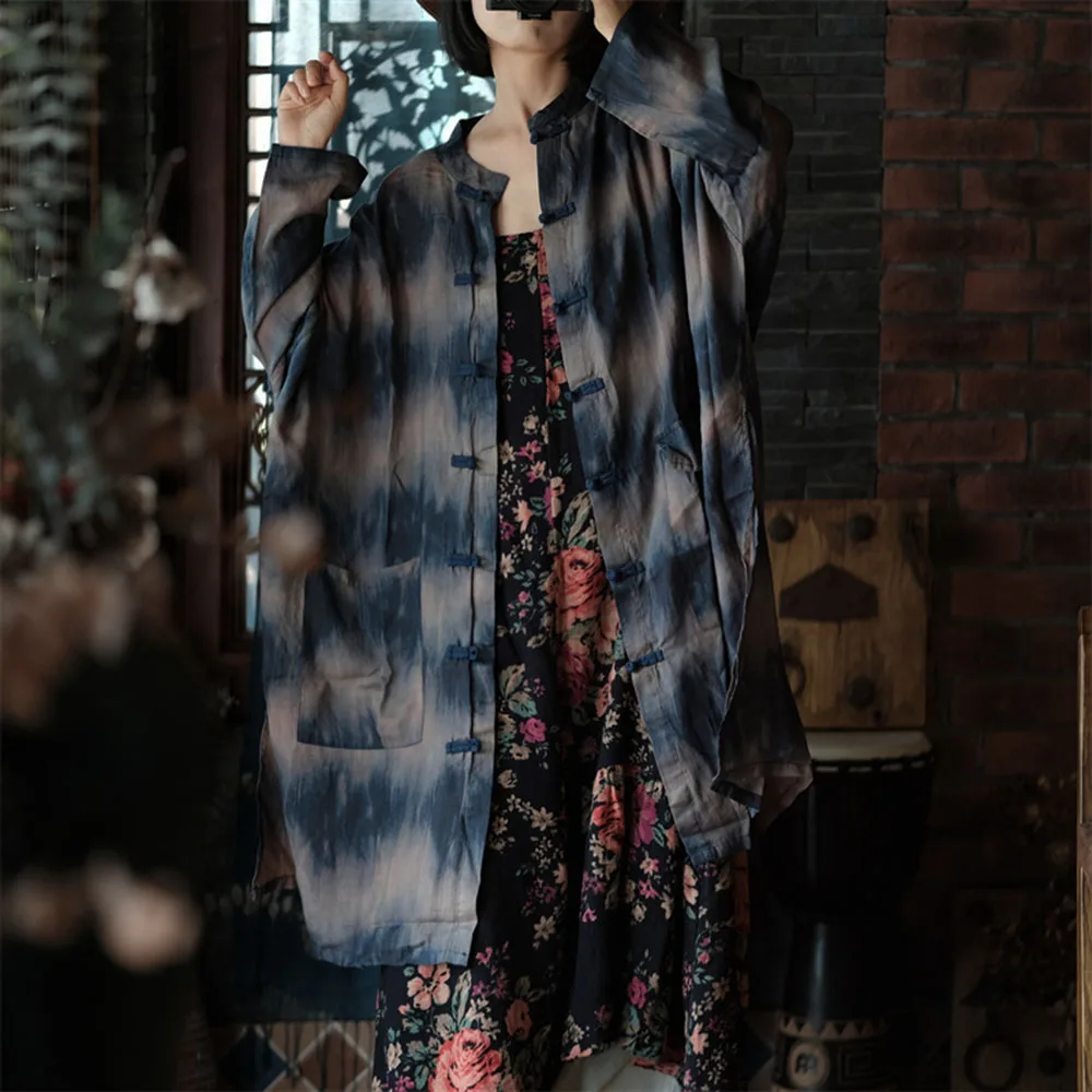 New Chinese Button Super Loose Bat Sleeve Long Trench Coat Women's Vintage Ramie Do Old Blue Dyed Asymmetrical Pocket Big Shirt