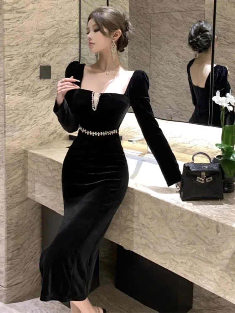 Topanoma Cocktail Evening Dresses Women Square Collar Long Sleeve Velvet Rhinestone Vintage Banquet Dress Ladies Party Chic