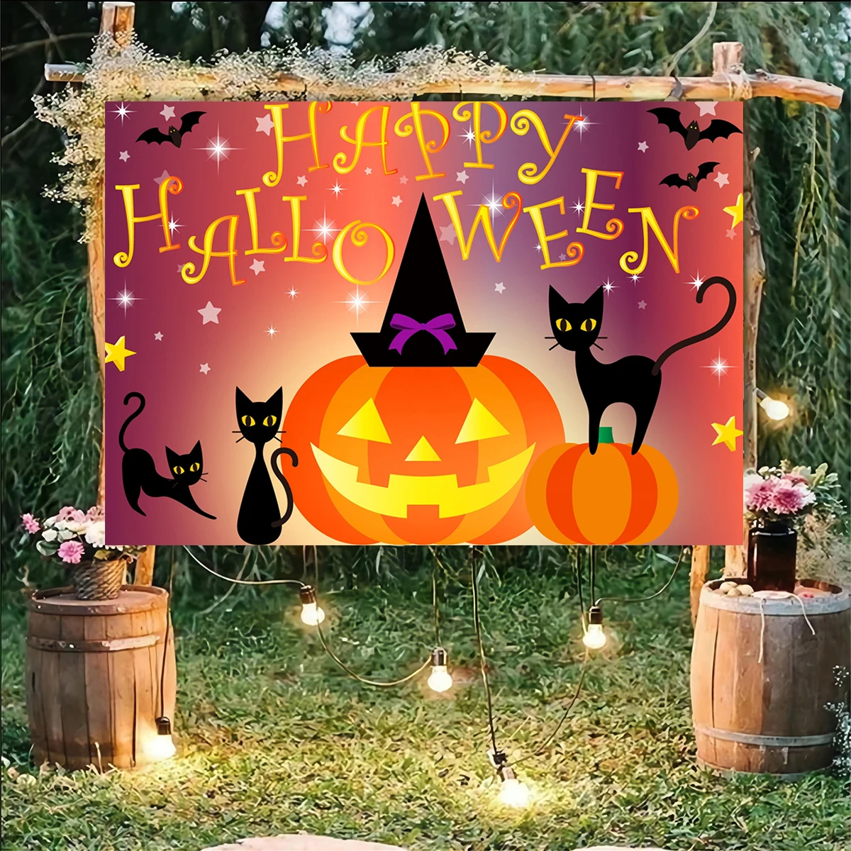 Happy Halloween Ghost Black Cat Graveyard Backdrop Pumpkin Bat Banner Haunted House Party Family Wall Decorations Photography