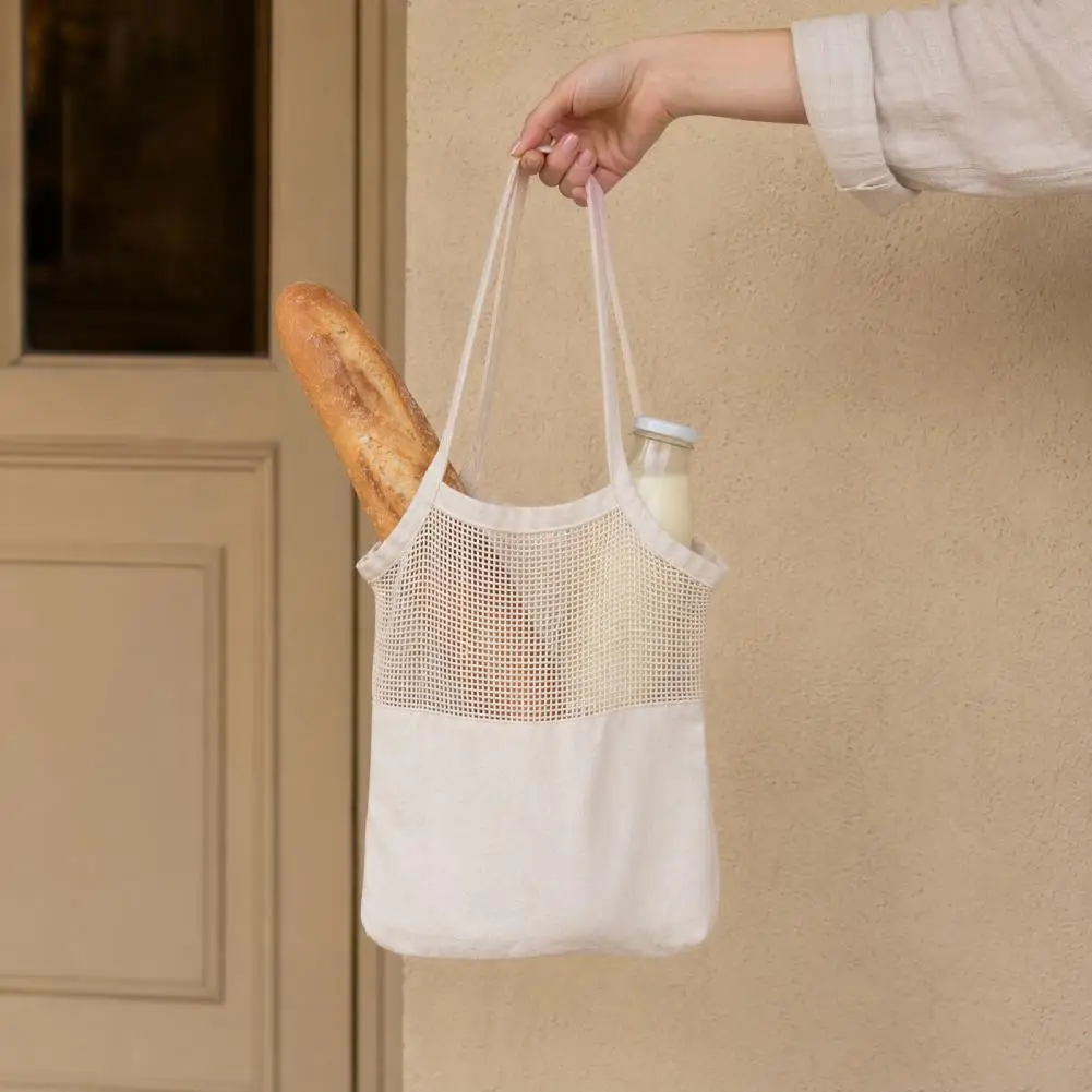 Washable Shopping Tote Breathable Mesh Splicing Design, Reusable Grocery Bag for Fruits Vegetables Bread Snacks