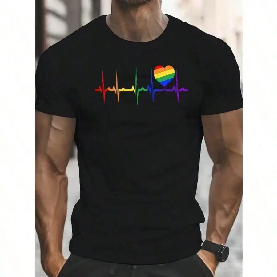 

Мужская футболка с рисунком ЛГБТ Pride Heartbeat — дизайн ЭКГ Rainbow Love, черная повседневная футболка с коротким рукавом на лето, круглый вырез