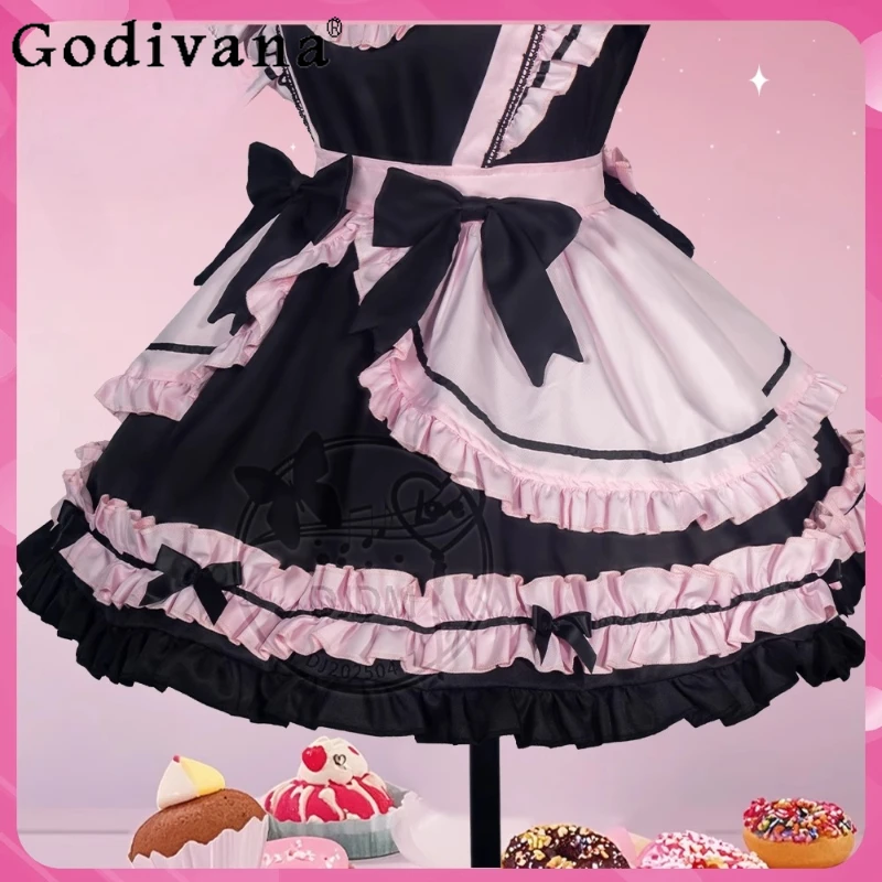 和風ブラックピンクガールズドレスバックボウデザインロリータメイドコスドレス女性用キュートキャットフルセットアニメコスプレドレス
