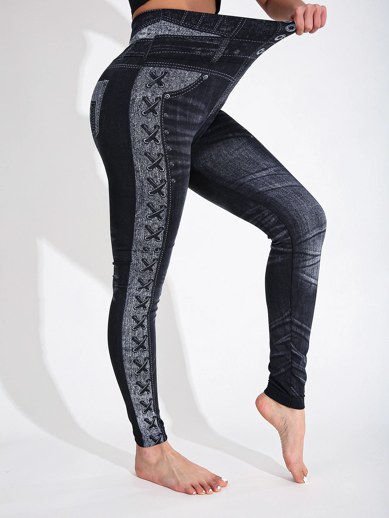 CUHAKCI 秋冬新作 レディース ハイウエスト イミテーション カウボーイ パンツ サイドストラップ付き プリント スポーツ 通勤タイツ