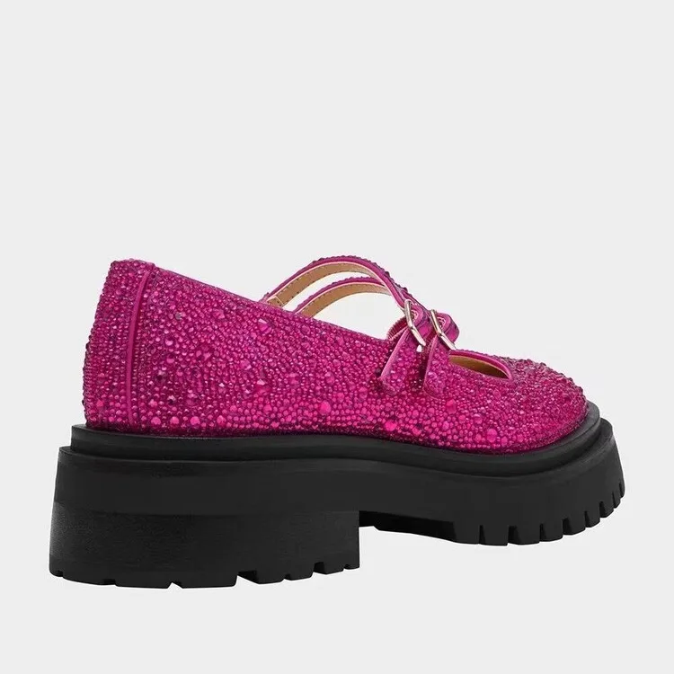 Bling Rhinestone Round Toe Women Marry Jane Shoes Chunky Middle Heels Buckle Strap Design Large Size Shallow Pumps Shoes