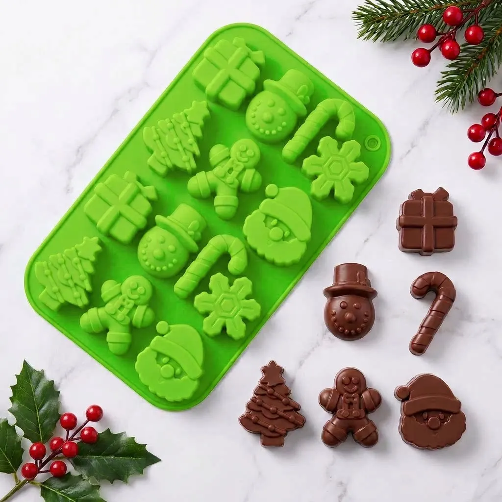 14-Cavity Christmas Silicone Chocolate Mold for Gummy Candy Baking Mould Snowman Christmas Tree Candy Cane Mold for Holiday Trea