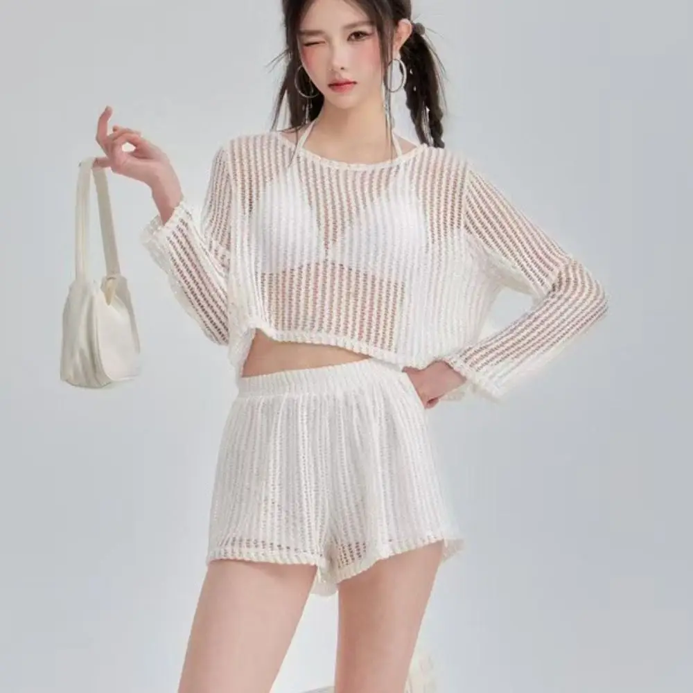 Loose Long Sleeve Swimsuit Hollow Out Beachwear Crochet Knit Bathing Suit Pullover Sun Protection Three Pieces Set Swimwear