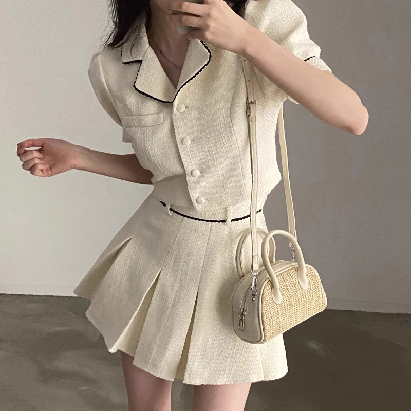 

Korean Chic Elegant Tweed Women's Two Pieces Sets Short Ture-Down Collar Top+High Waist Pleated A-Line Mini Skirt New Outfits