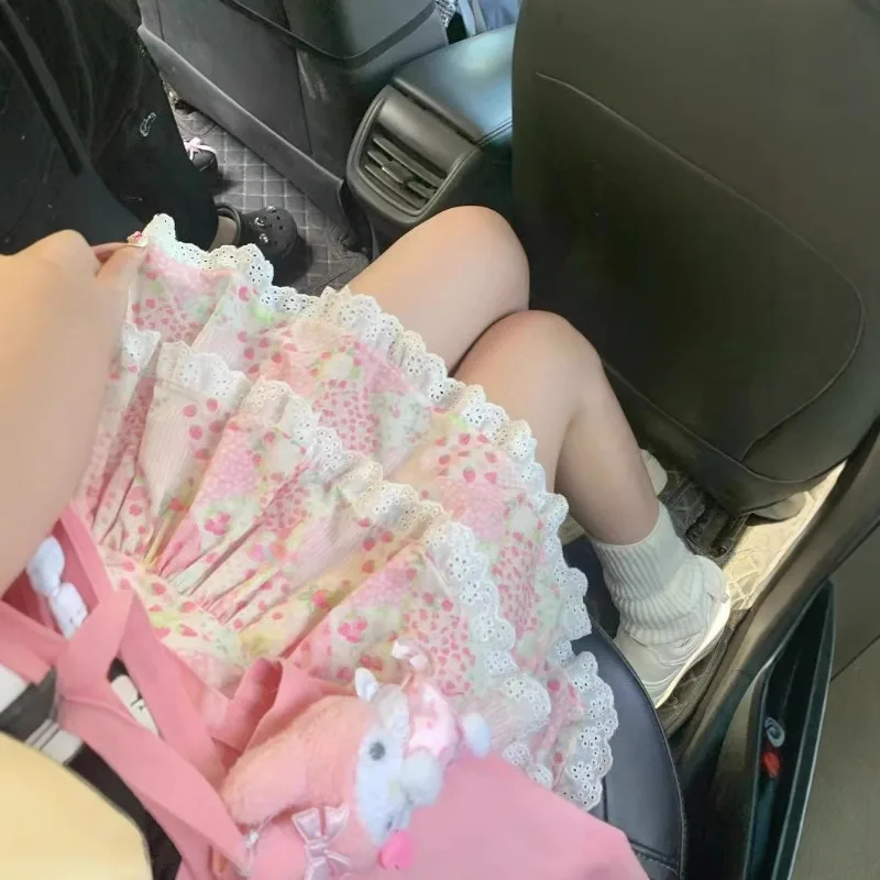 

Japanese Kawaii Skirts Women 2000s Vintage Y2k Clothing Pink A-line Slim Lolita Mini Skirts Sweet High Waist Lace Outfits Summer