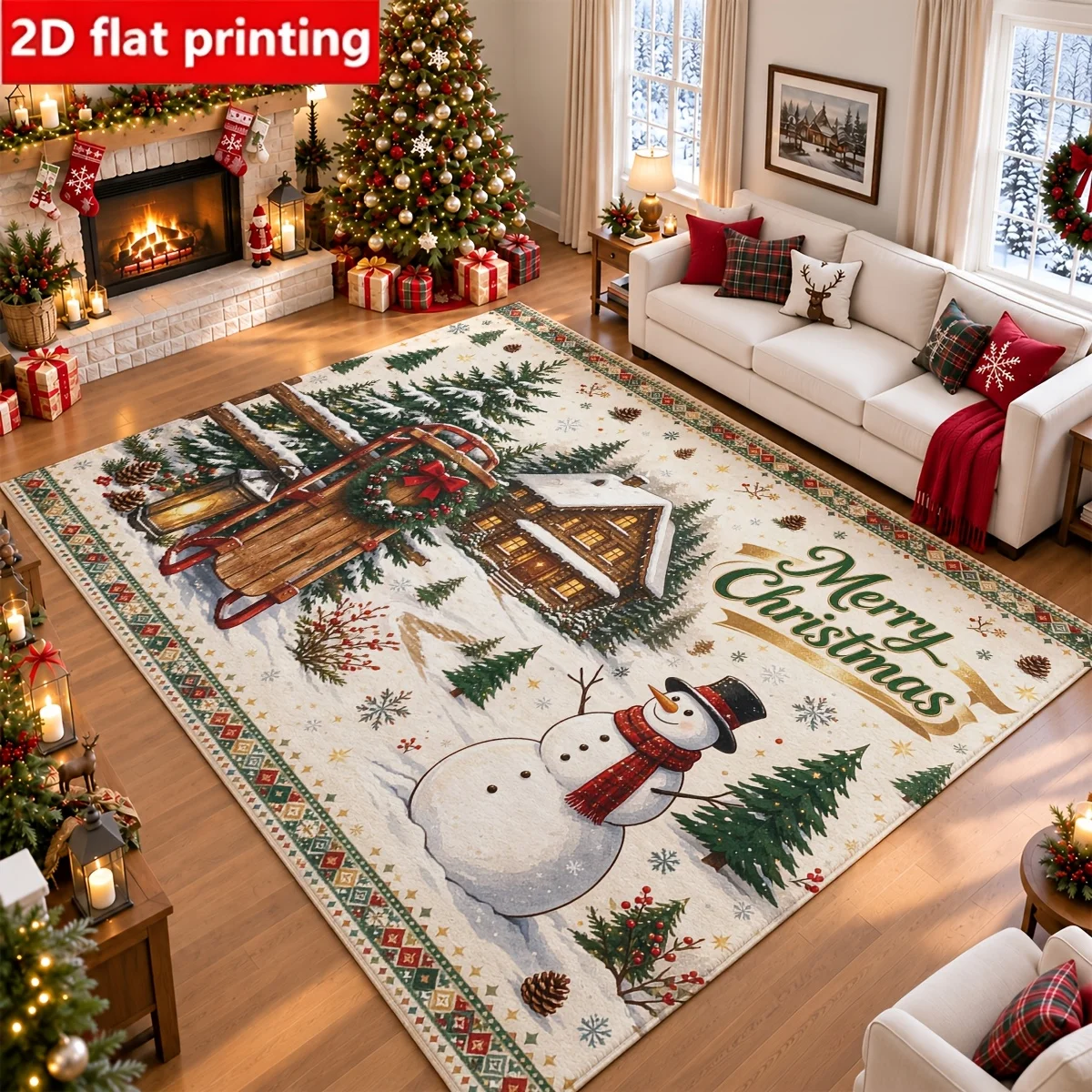 1pc 2D Flat Merry Christmas Snowman Sleigh Winter Cabin Printed Floor Mat, Decorative Rug for Living Room, Bedroom, Home