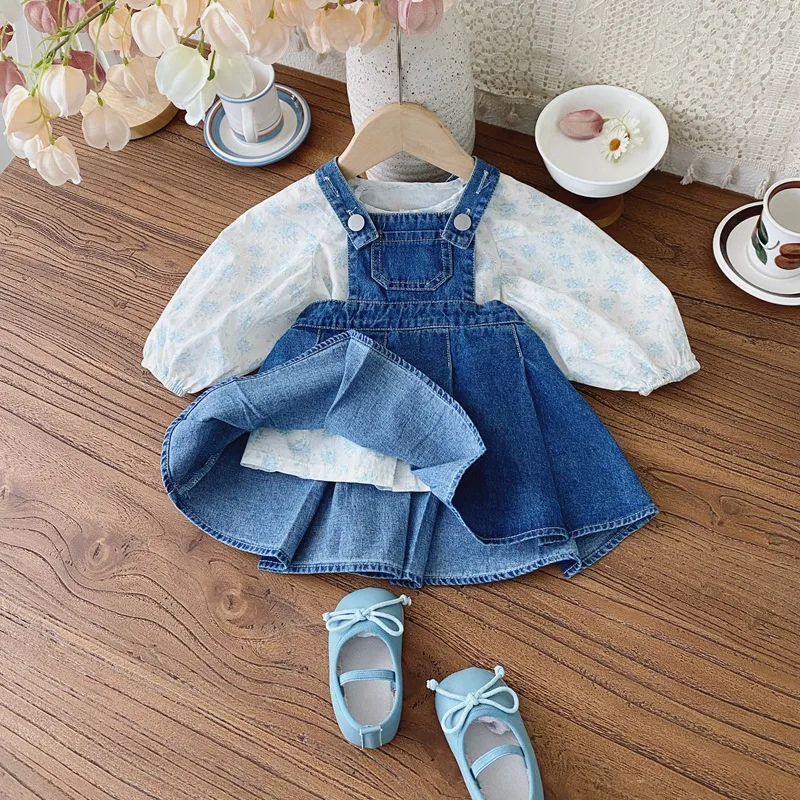 Baby Girls Floral Print T-shirt+Suspender Denim Dress One Breasted Puff Sleeve Soft White Tees Cute Blue Pleated Jean Overalls