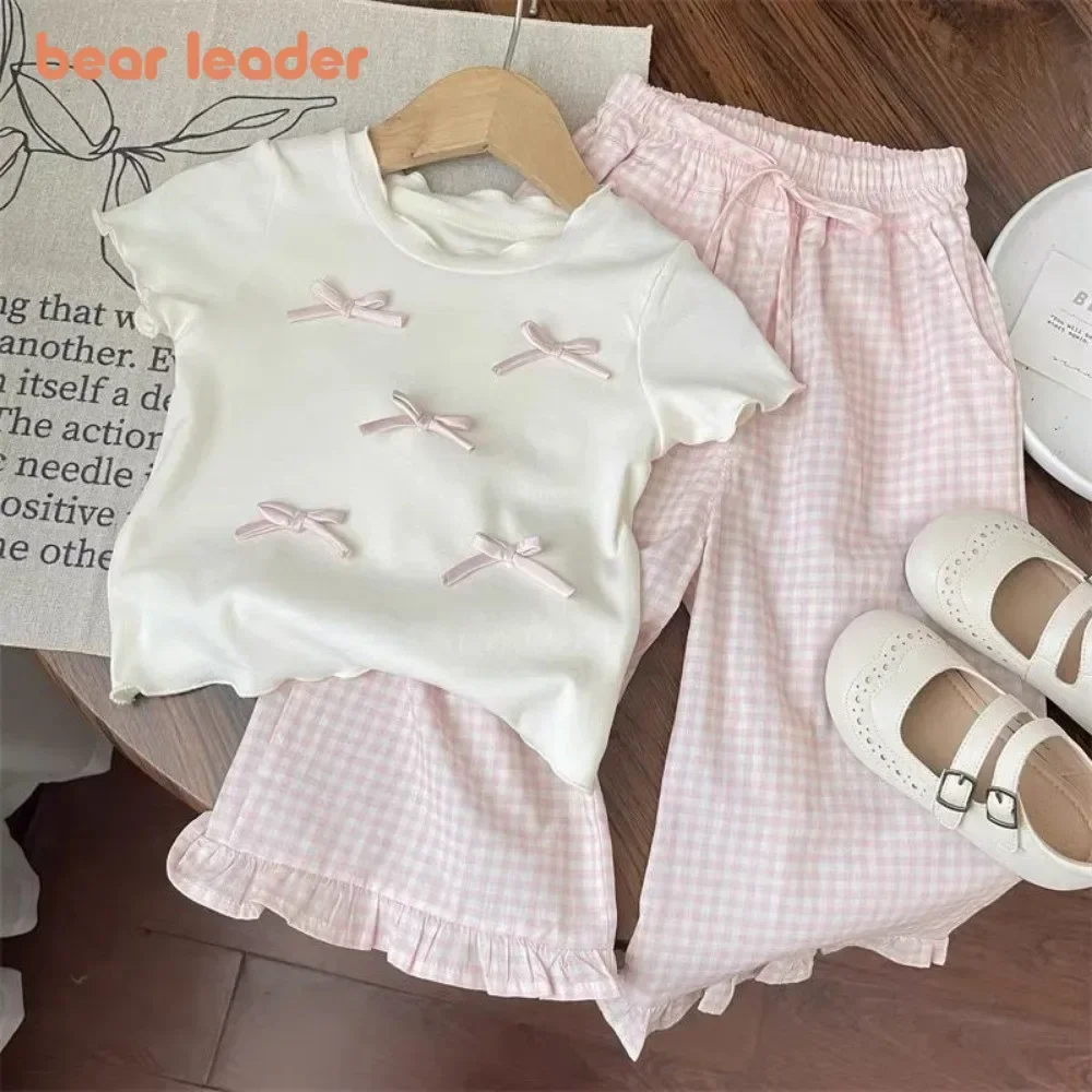 Bear Leader Summer Sweet and Cute Girls Clothes White Bow Decoration Short Sleeve T-shirt Top+Pink Checkered Pants Two Piece Set