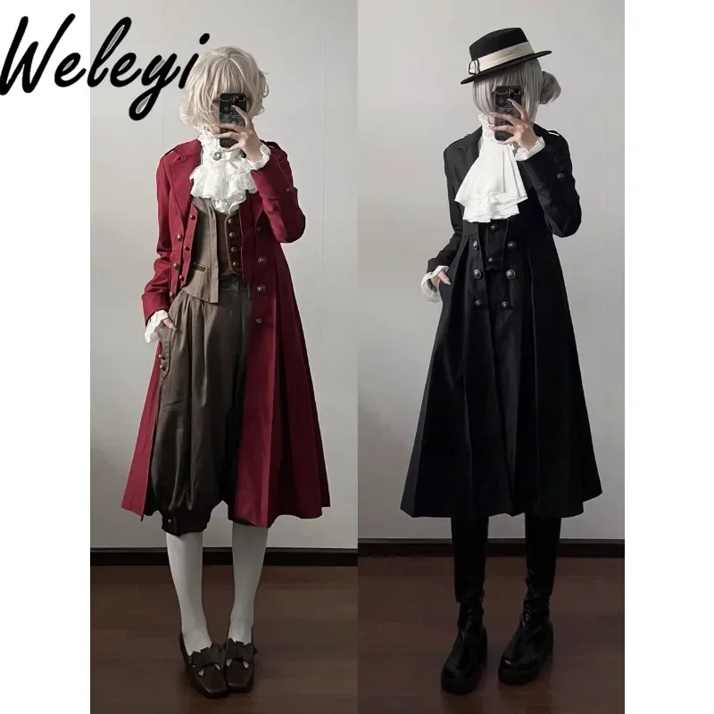 

Gothic Black Trench Coat Woman Spring and Autumn New Jirai Kei Lolita Red Long Sleeve Buttoned Mid-length Jackets for Women 2024